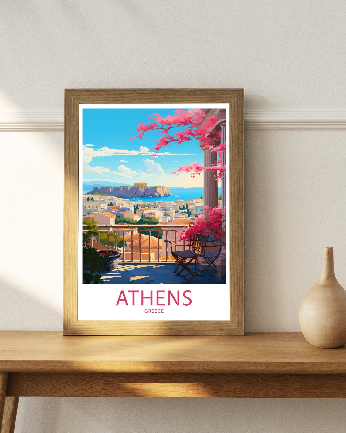 Athens Greece Balcony Acropolis View Pink Blossom Retro Travel Poster - Image 4