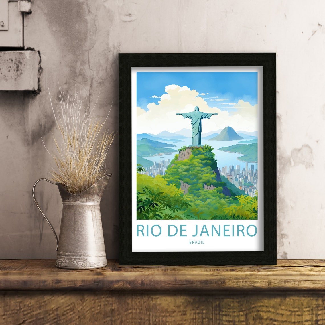 Rio de Janeiro Brazil Christ Over City Bay Illustrated Travel Poster - Image 6