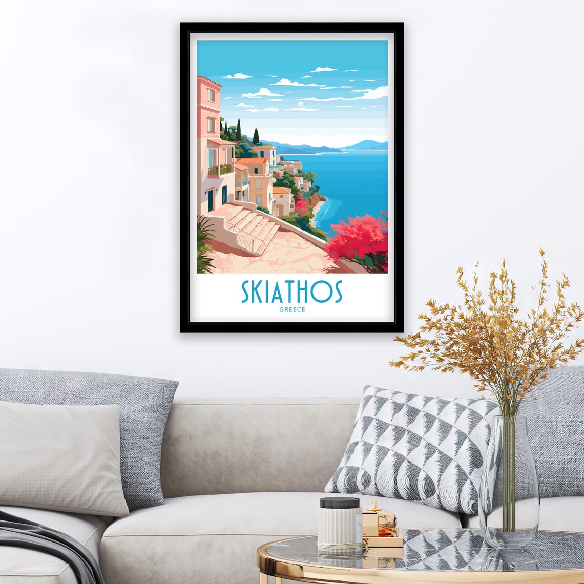 Skiathos Greece Hillside Houses Stone Steps Aegean Sea View Poster - Image 3