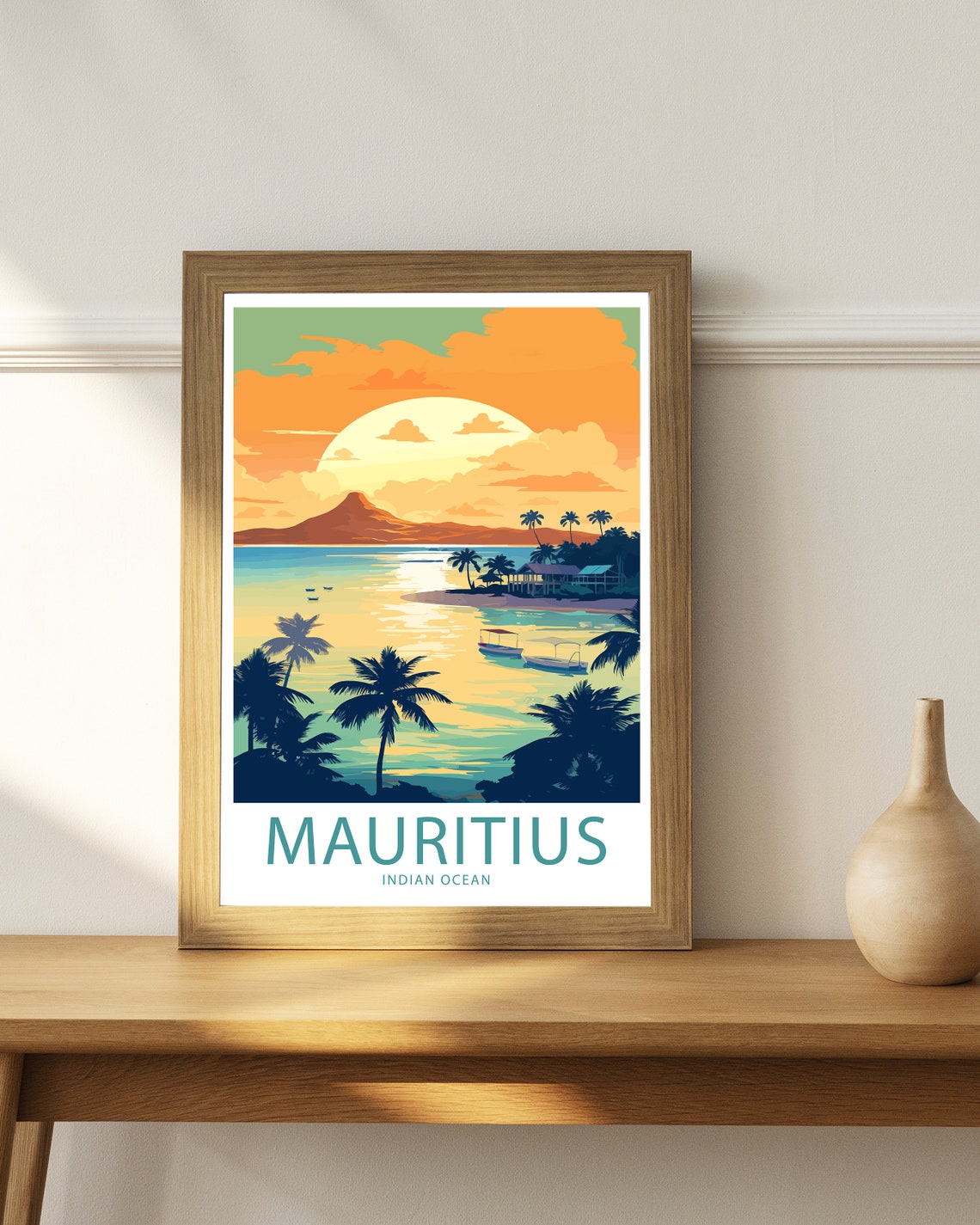 Mauritius Indian Ocean Palm Beach Sunset Illustrated Travel Poster - Image 4