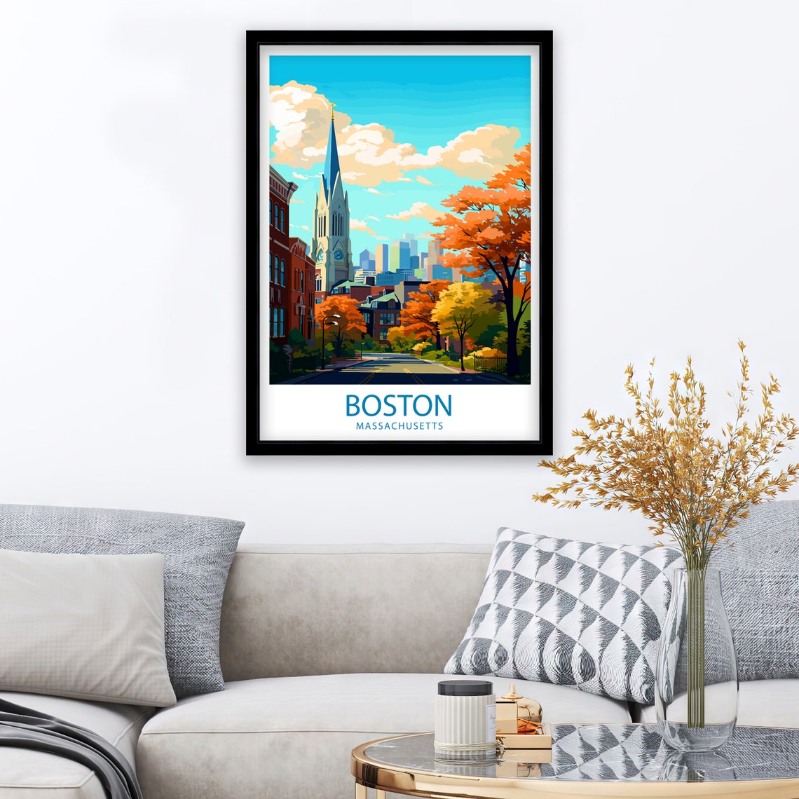 Boston Massachusetts Historic Church Spire Autumn Street Travel Poster - Image 2