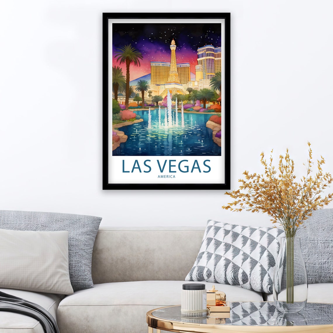 Las Vegas America Eiffel Tower Replica Fountain Lake Night Poster - Image 2