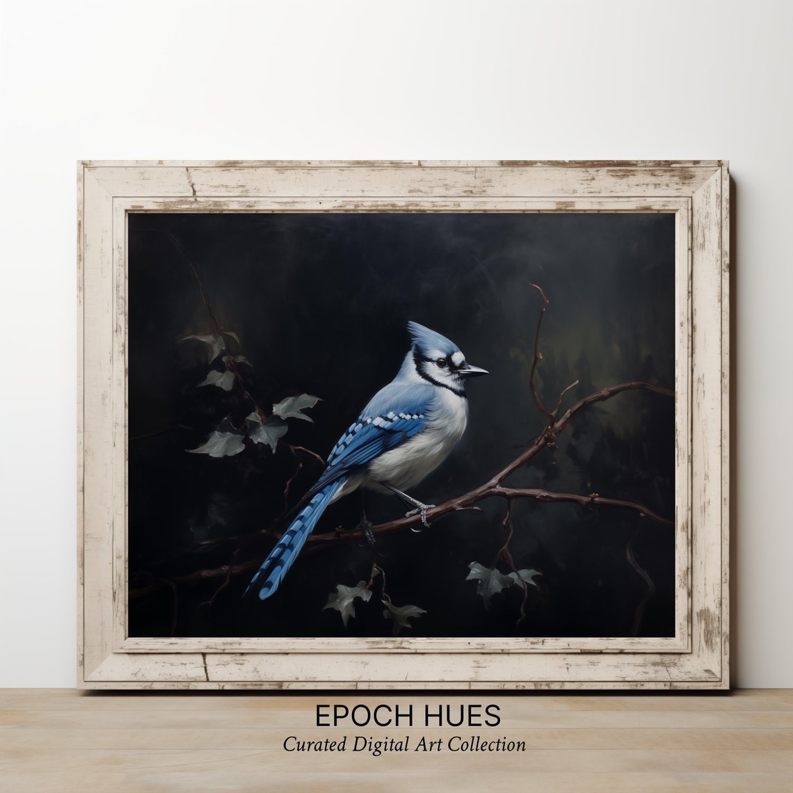 Blue Jay Perched on Branch Against Dark Moody Background Poster - Image 2