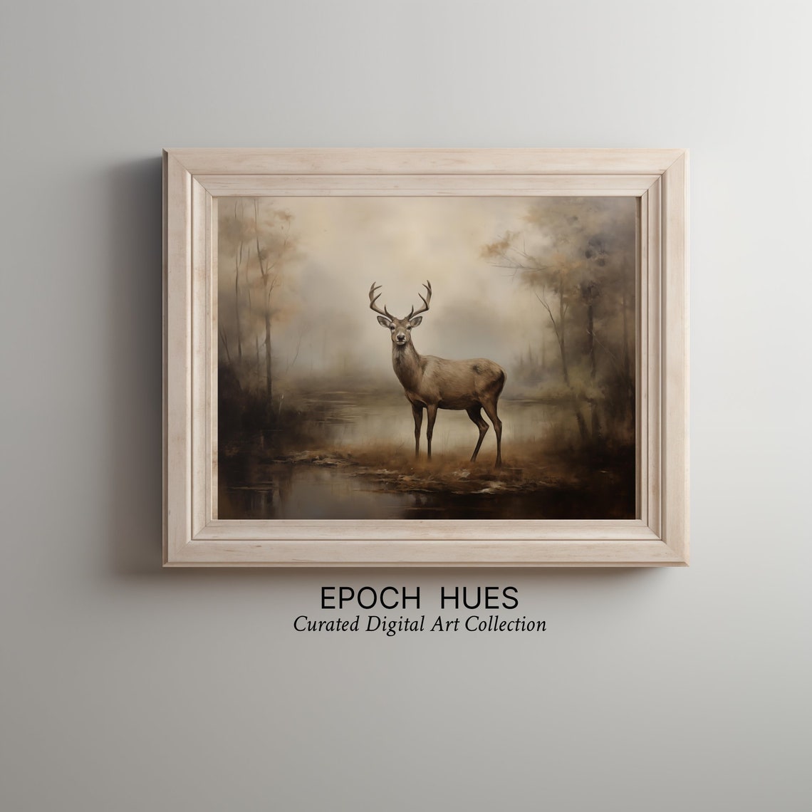 Red Deer Stag Misty Lake Sepia Tones Wildlife Painting Wall Art - Image 3