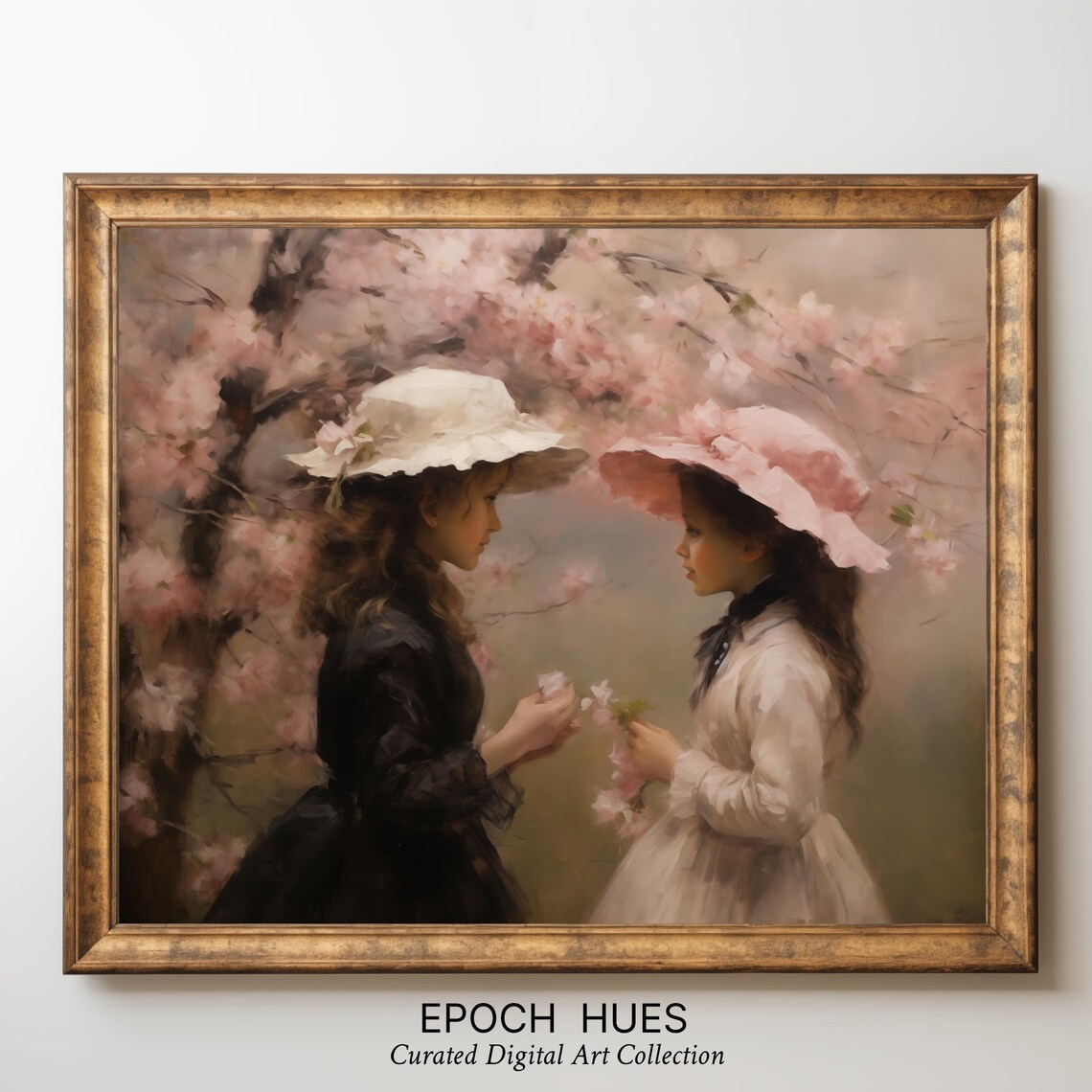 Two Girls in Bonnets Among Cherry Blossoms Spring Painting Poster