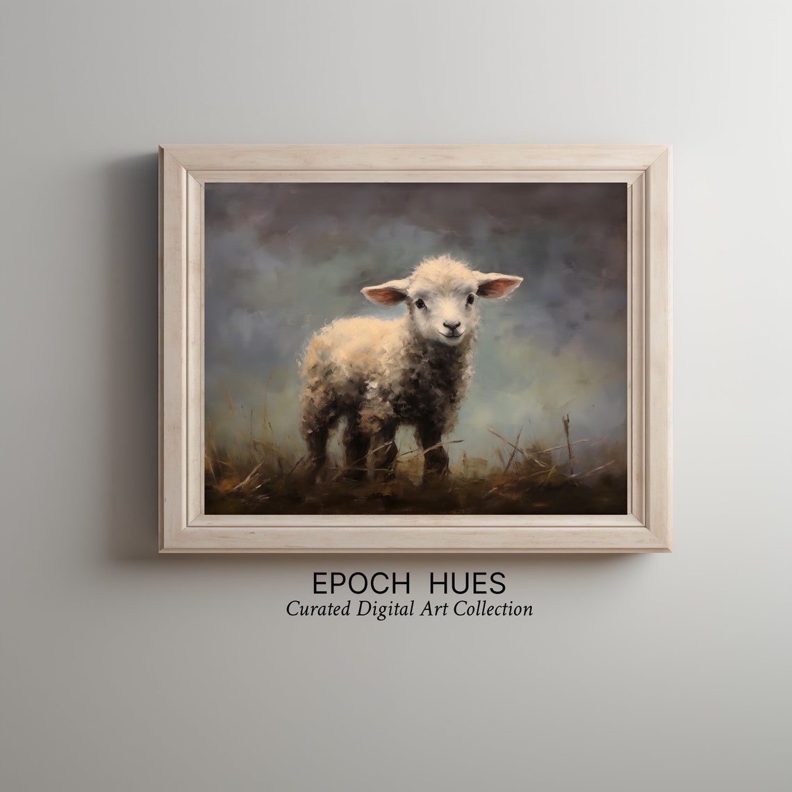 Fluffy White Lamb Standing in Misty Meadow Pastoral Art Poster - Image 2