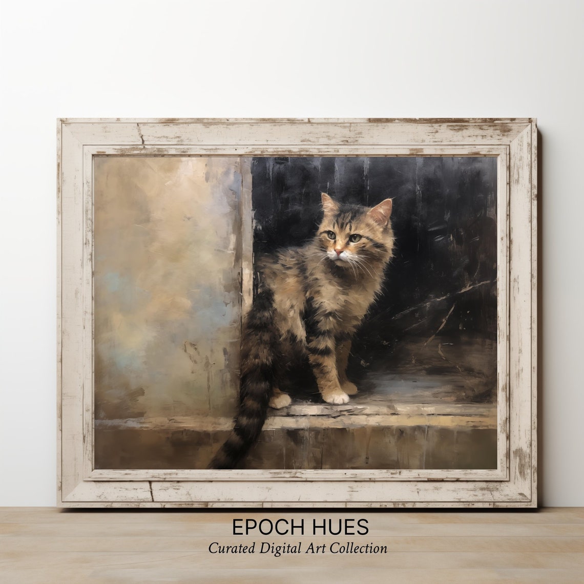 Long Haired Tabby Cat on Windowsill Rustic Vintage Art Poster - Image 3
