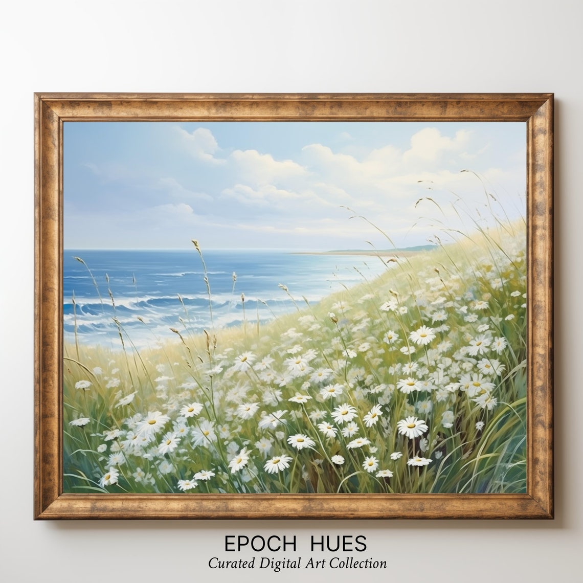 Coastal Daisy Meadow Ocean View Wildflower Seascape Painting Poster