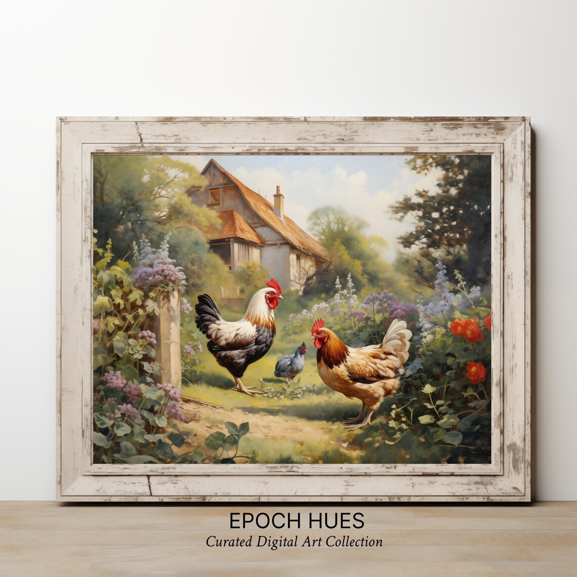 Roosters in Farmhouse Garden Hollyhocks Poppies Country Poster