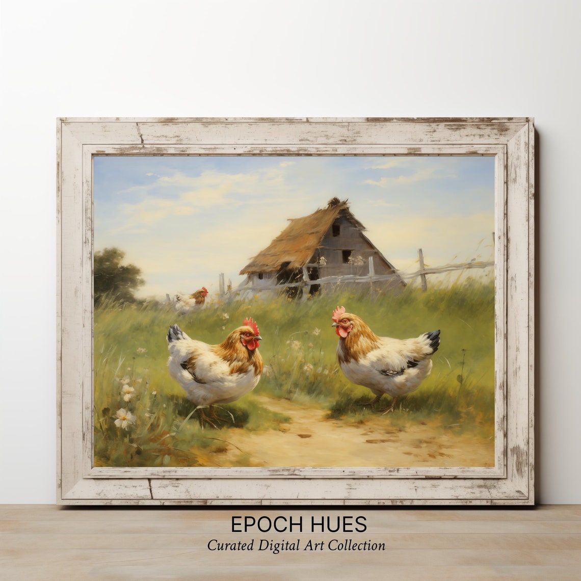 Two Hens Before A Thatched Barn Rustic Countryside Art Print