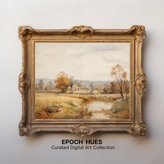 Golden Autumn Countryside Farmhouse Stream Rustic Landscape Poster