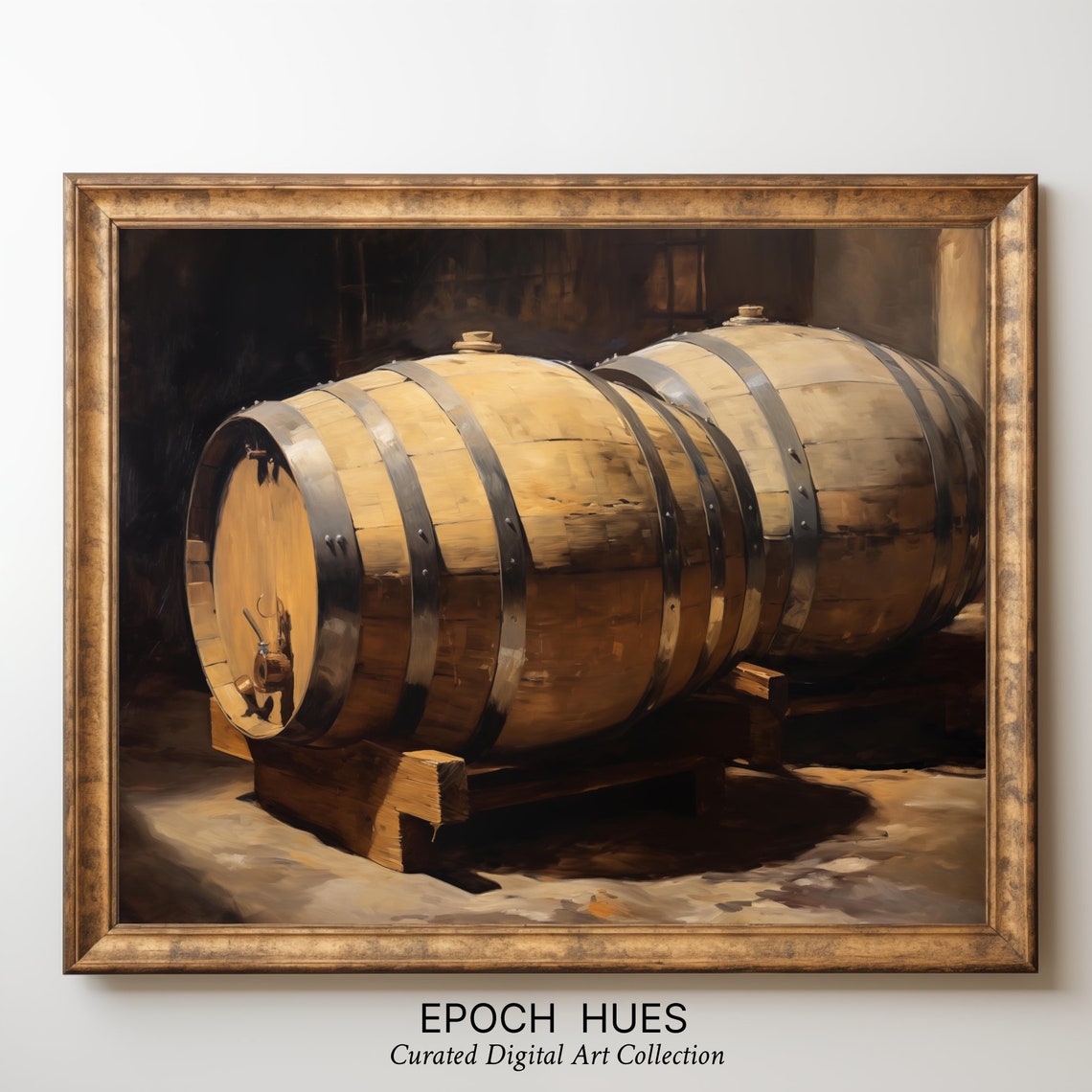 Wooden Wine Barrels in Dark Cellar Rustic Vintage Art Poster