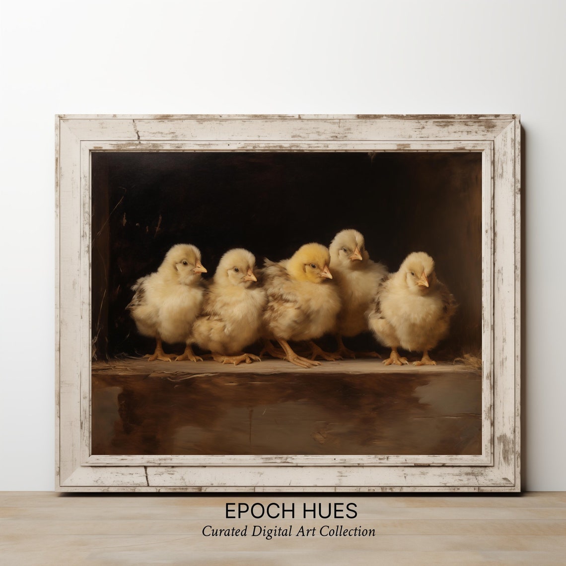 Five Fluffy Yellow Baby Chicks Lined on Wooden Shelf Farm Poster - Image 3