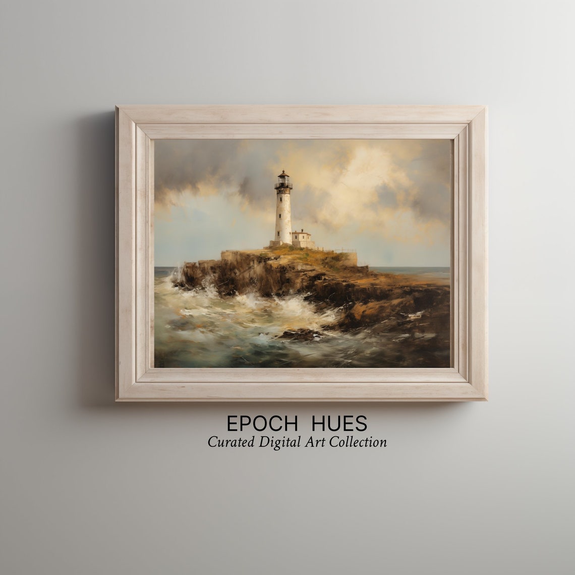 White Lighthouse on Rocky Cliff With Crashing Waves Art Poster - Image 3