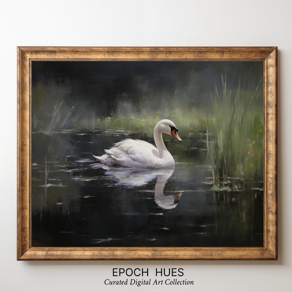 Serene Swan Art Lake Nature Scene Peaceful Water Bird Wall Art Home Decor Office Artwork Zen Art
