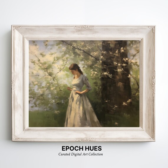 Elegant Woman Cream Gown Spring Woods Blossoms Painting Wall Art