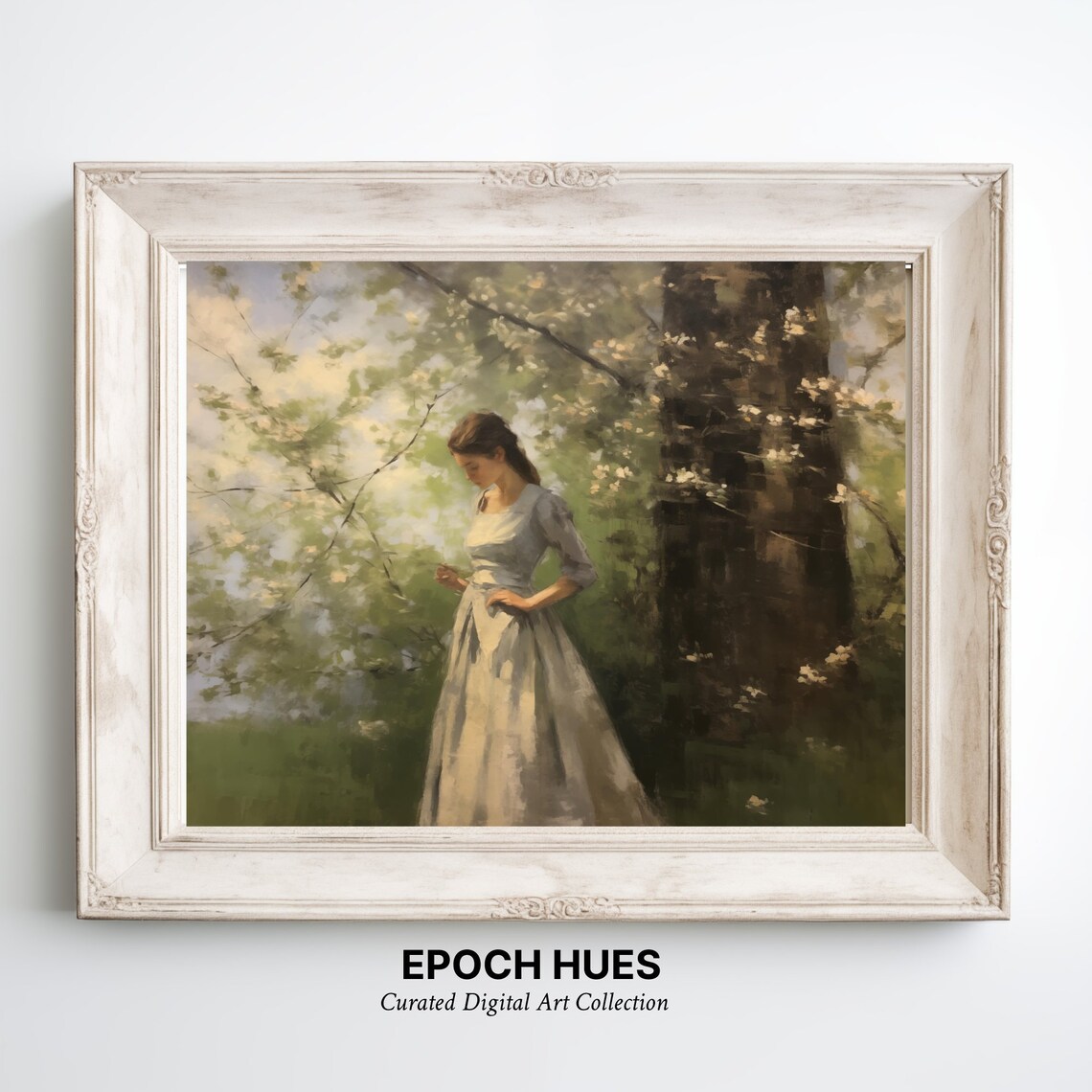 Elegant Woman Cream Gown Spring Woods Blossoms Painting Wall Art