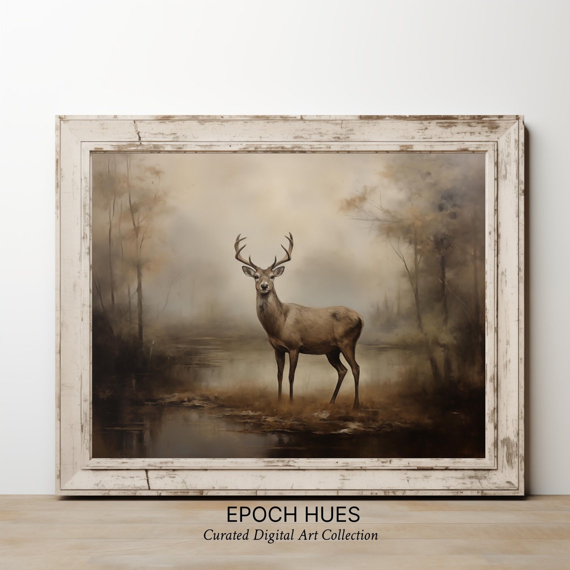 Red Deer Stag Misty Lake Sepia Tones Wildlife Painting Wall Art - Image 2