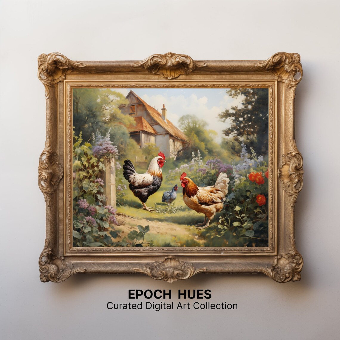 Roosters in Farmhouse Garden Hollyhocks Poppies Country Poster - Image 2