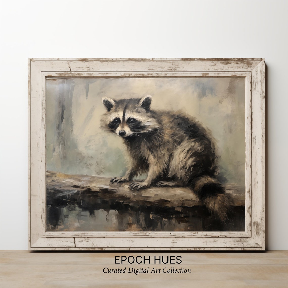 Curious Raccoon Sitting on Log Vintage Wildlife Painting Poster - Image 2