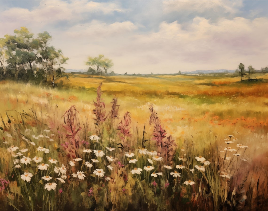 Sunlit Meadow With Daisies and Wildflowers Countryside Poster - Image 2