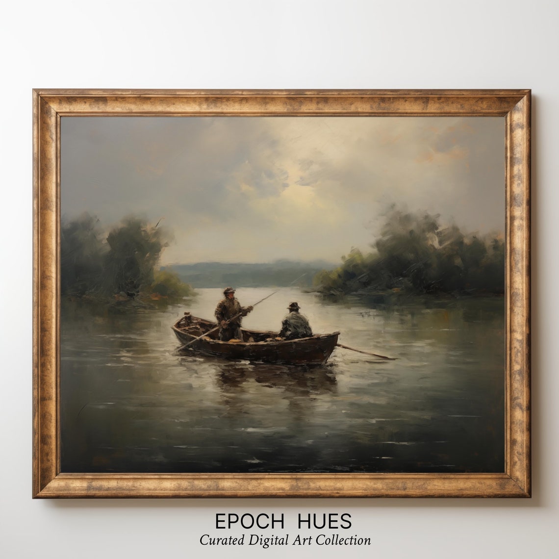 Two Fishermen in Rowboat on Misty Lake Vintage Fishing Poster