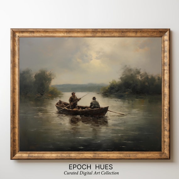 Fishing Boat Painting Wall Art Rustic Home Decor Vintage Lake Scenery Fisherman Gift Landscape Artwork