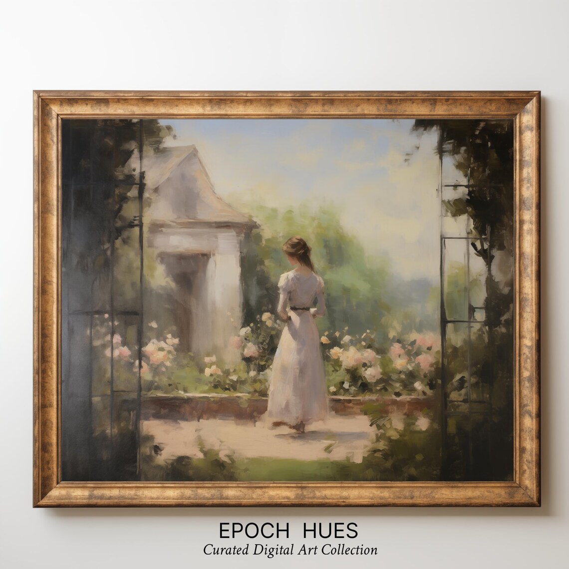 Woman In White Gown Garden Pavilion Pink Roses Painting Poster - Image 3