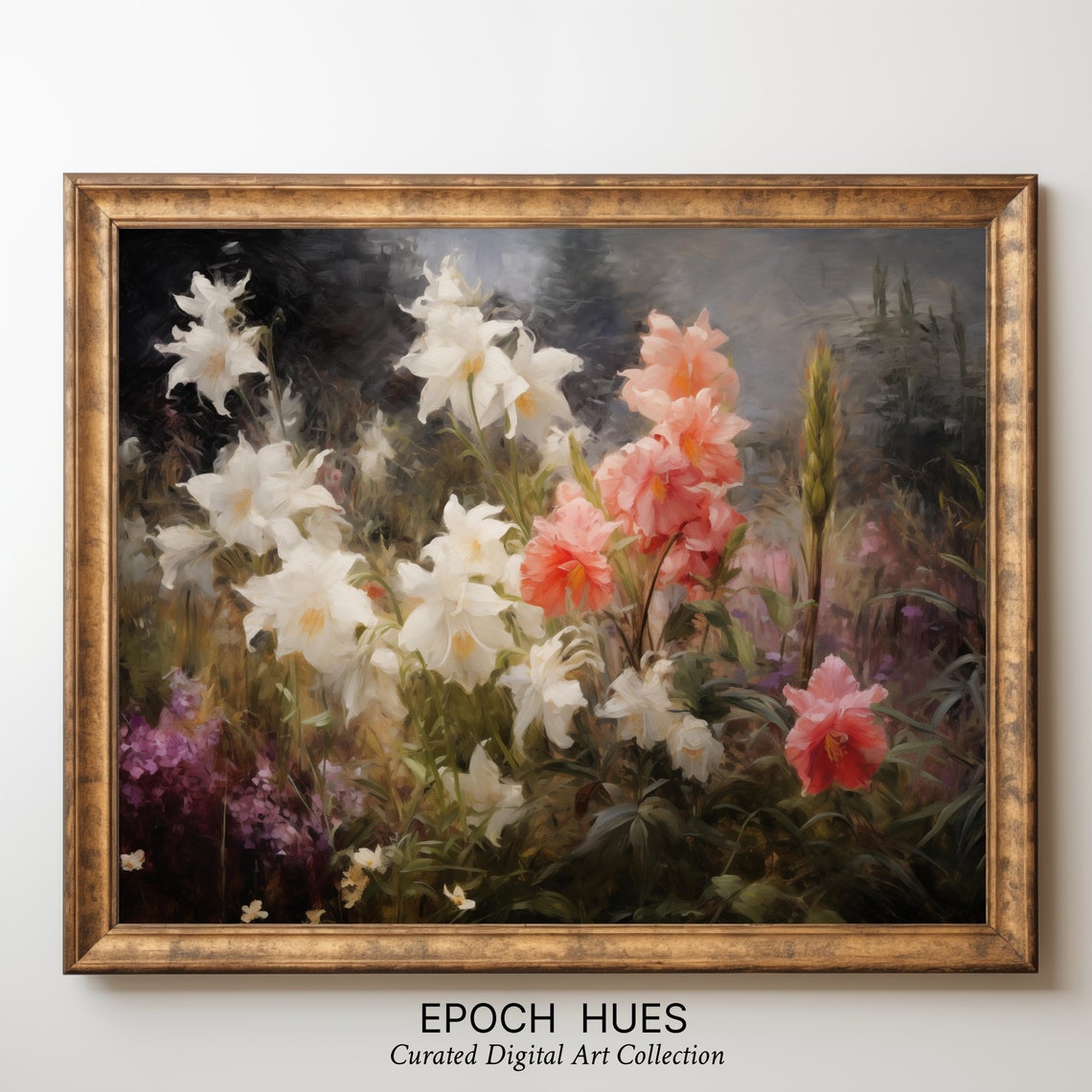 White Lilies and Colorful Garden Blooms Impressionist Flower Poster