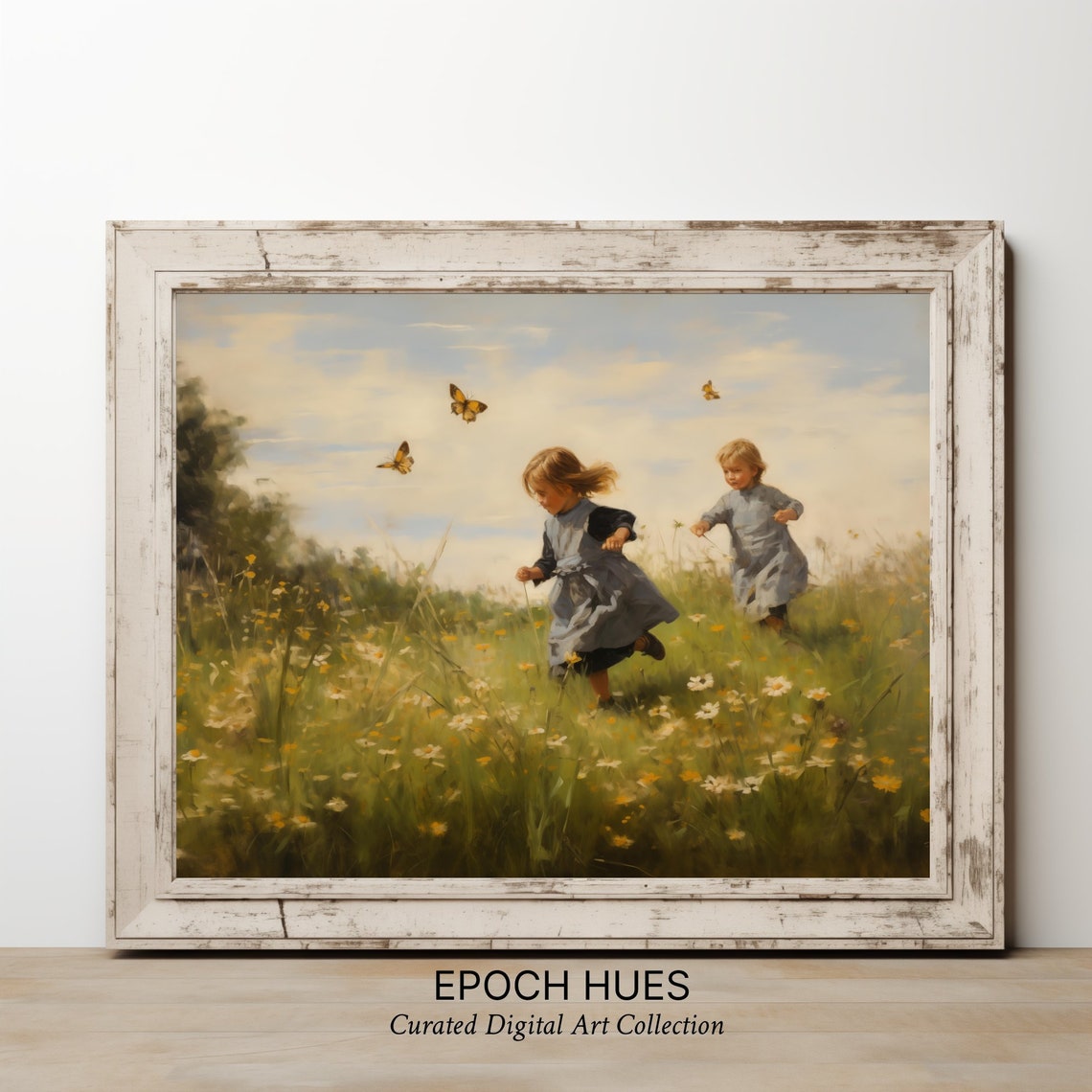 Children Chasing Butterflies in Wildflower Meadow Joyful Art Poster - Image 3