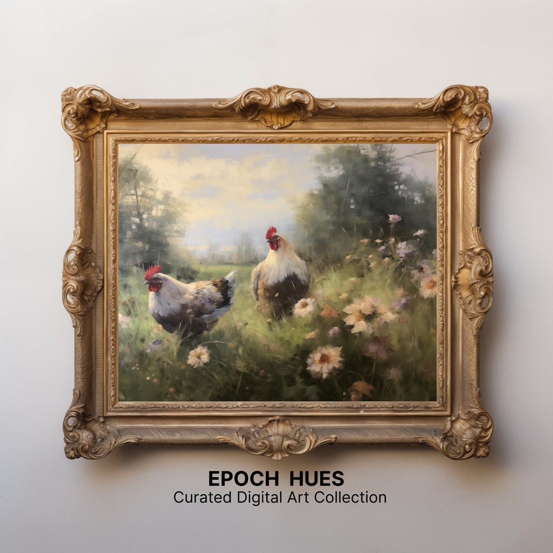 Pair of Hens in Flower Meadow Rustic Farmhouse Painting Poster
