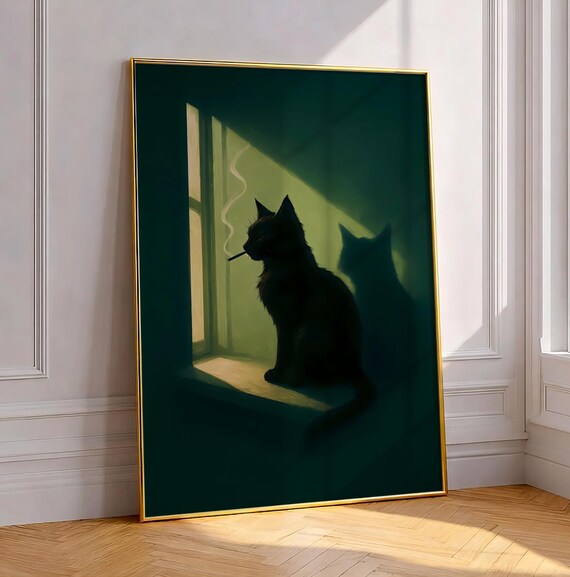 Black Cat Smoking Cigarette Print Emerald Green Edgy Painting Gothic Moody Pet Wall Art Dark Animal Humor Minimalist Bar Cart Decor