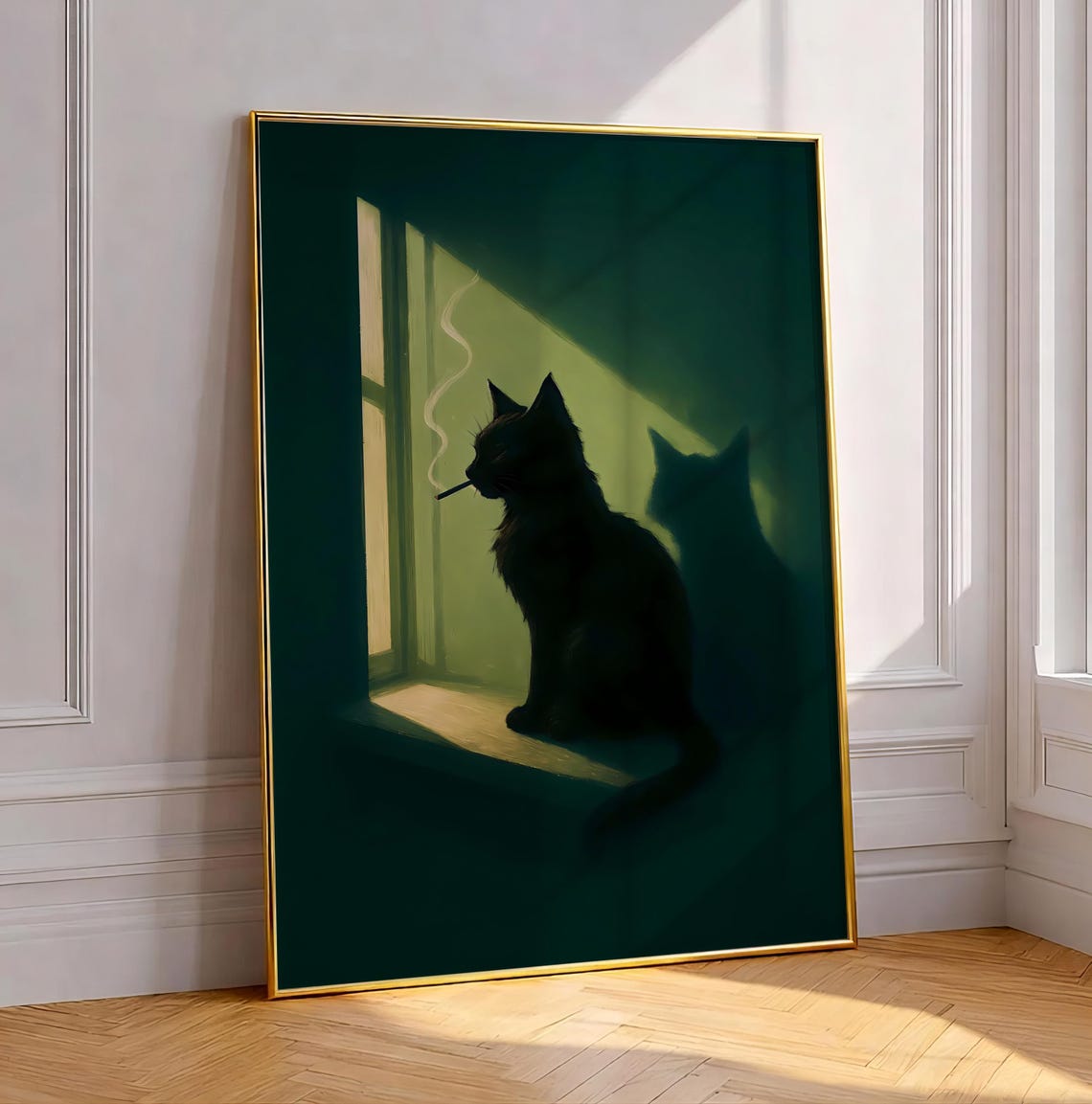 Black Cat Smoking Window Poster Dark Emerald Green Moody Noir Art