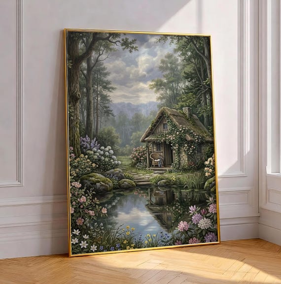 Vintage Woodland Cottage Print Whimsical Folk Art Forest Pond Poster Cottagecore Calm Nature Painting Moody Relaxing Maximalism Wall Decor