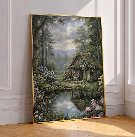 Whimsical Woodland Cottage By Pond Folk Art Flower Garden Magic Poster
