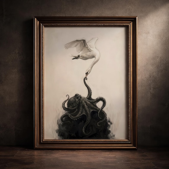 Dark Academia Octopus Swan Art Print Moody Black And White Poster Surreal Nautical Decor Gothic Mythical Ocean Artwork Digital Download