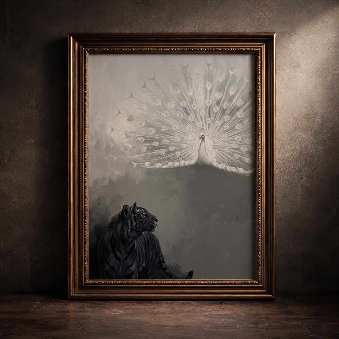White Peacock Black Tiger Painting Moody Maximalist Animal Dark Art Print