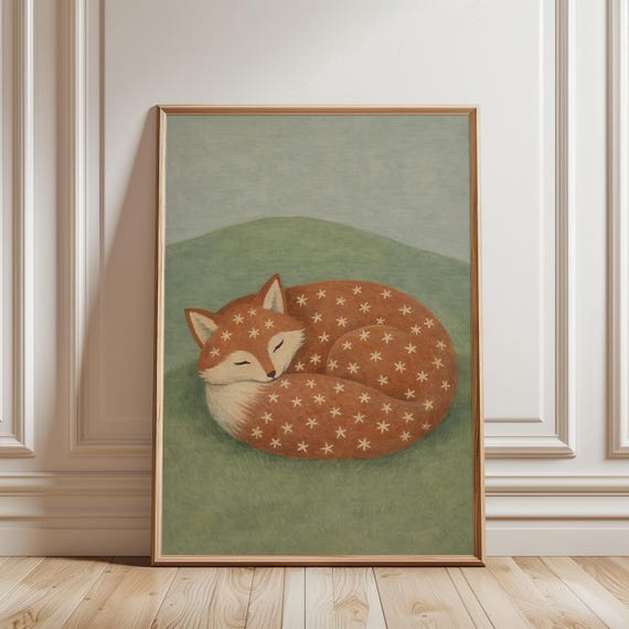Sleepy Fox Art Print Whimsical Nature Wall Decor Calm Peaceful Bedroom Poster Reading Nook Kids Room Or Nursery Digital Download