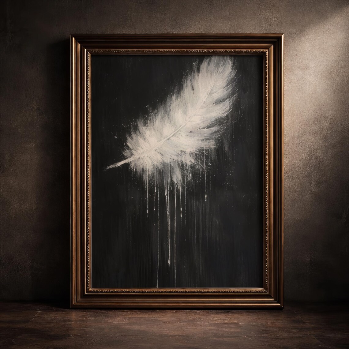 Moody White Feather Painting Dark Academia Minimalist Gothic Decor Wall Poster