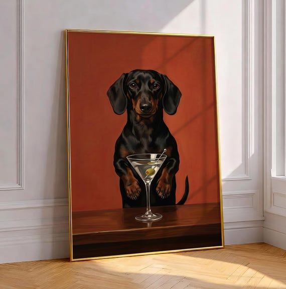 Dachshund Martini Art Print Quirky Dog Cocktail Painting Moody Maximalist Wall Decor Funny Wiener Poster Vintage Bar Cart Artwork