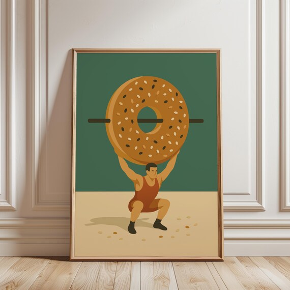 Weightlifter Lifting Giant Bagel Funny Gym Food Pun Wall Decor Poster