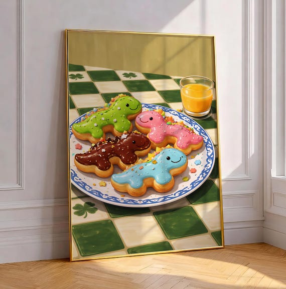 Dino Cookies Print For Kids Room Funny Kitchen Wall Art Foodie Dopamine Decor Maximalist Still Life Poster Nursery Dinosaur Painting