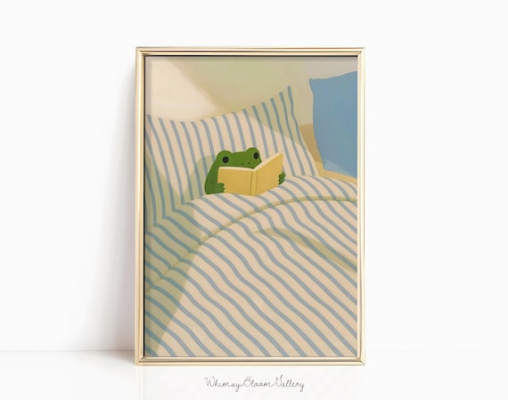 Cute Frog Reading Book in Bed Print Cozy Bookish Nursery Wall Decor