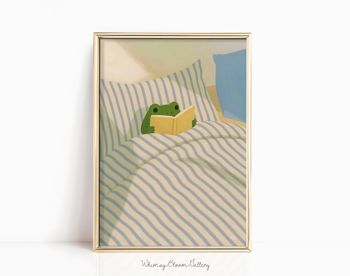Cute Frog Reading Book in Bed Print Cozy Bookish Nursery Wall Decor