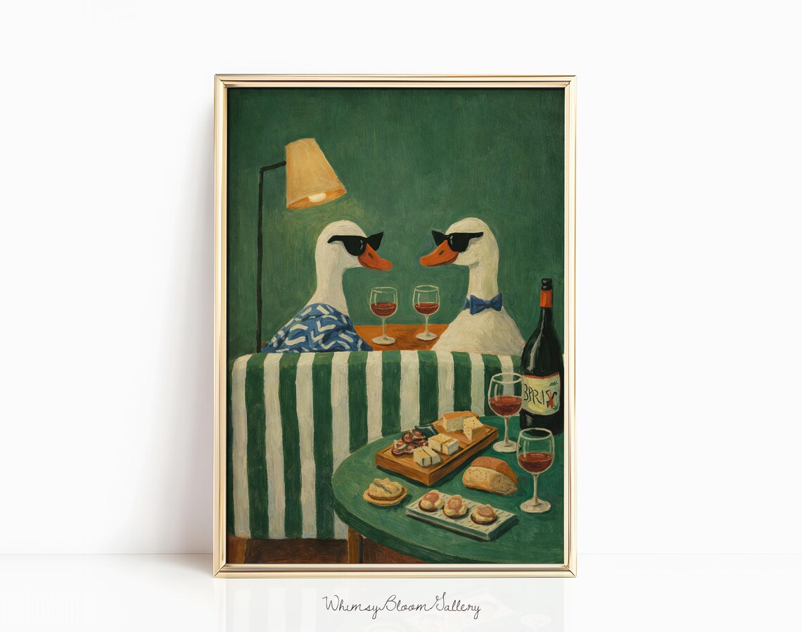Silly Goose Wine And Cheese, Couples Valentine Art Print