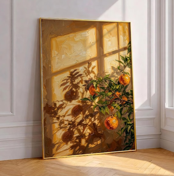 Orange Tree Branch Impasto Painting Golden Window Light Citrus Poster