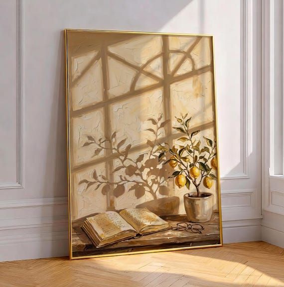 Reading Corner And Lemon Tree Print Golden Hour Window Shadow Painting Cozy Book Nook Wall Decor Warm Sunlight Cottagecore Library Poster