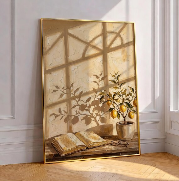 Sunlit Reading Corner With Lemon Tree and Open Book Wall Art