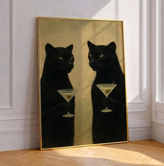 Black Panthers Martini Glass Art Print Gothic Whimsical Wild Animal Illustration Moody Minimalistic Bar Cart Decor Dark Feminine Poster