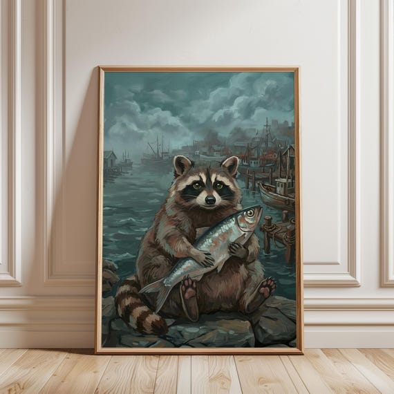 Funny Raccoon Fishing Sardin Print Whimsical Animal Wall Art Moody Coastal Cottage Decor Vintage Nautical Cabin Poster Digital Download